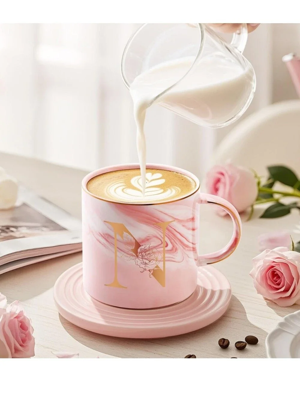 Pink Marble Ceramic Coffee Mug Letter N Gold Foil Initial & Overlay